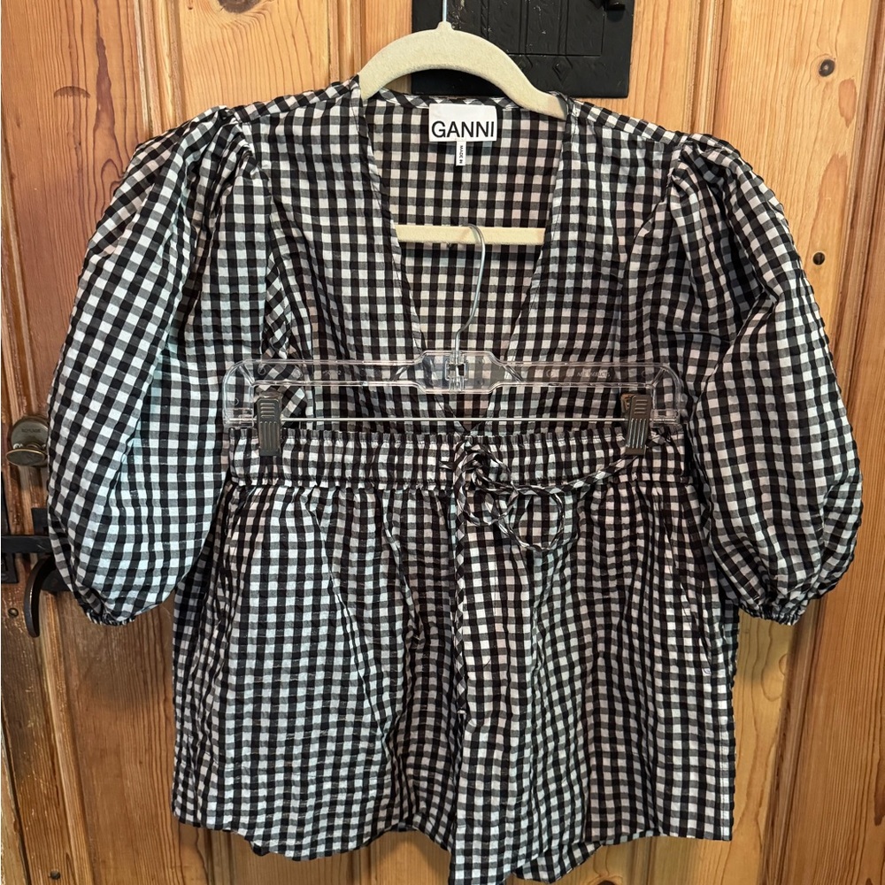 GANNI Black and White Seersucker Gingham Taffetta Blouse and Short Set - Sz 36/2